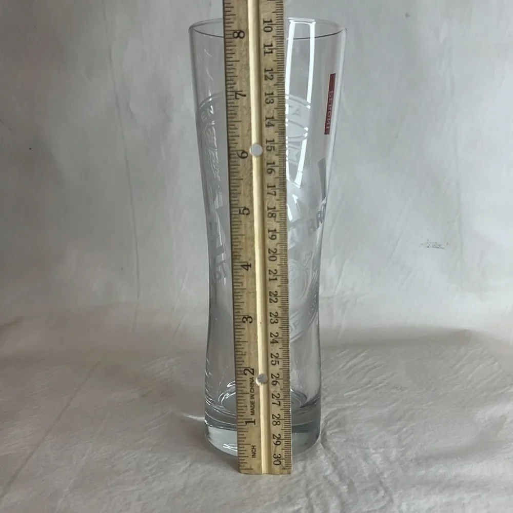 Peroni Beer Drinking Glass Clear Etched 8 1/4 Inches Tall 3 Inches Diameter